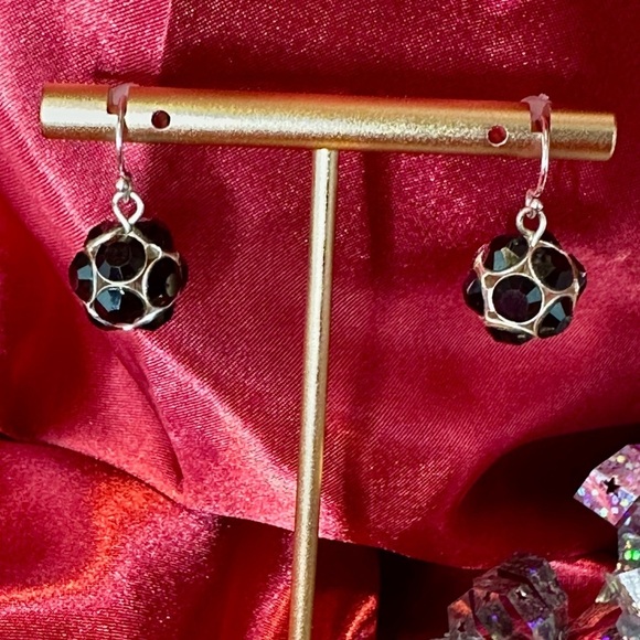 Vintage Black Rhinestone Sphere Dangle Earrings | Sterling Silver Hooks - Picture 1 of 10